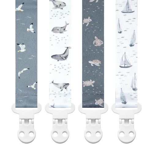 Stadela Baby Pacifier Clip Holder - Girl or Boy Unisex 4 Pack Gift Set – Nautical Blue Whales Boats Turtles (Gone Sailing)