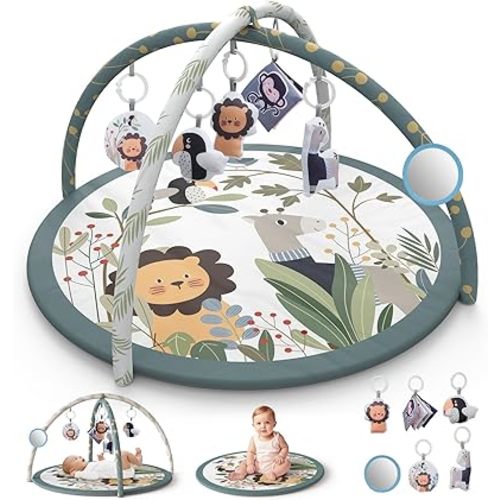 Baby Play Gym Mat, Baby Tummy Time Play Mat with 6 Detachable Sensory Toys for Baby Activity Gym, Baby Activity Play Mat for Sensory Development and Motor Skills, Baby Newborn Essentials
