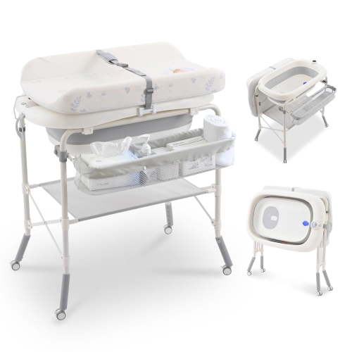 Baby Changing Table with Bathtub, Wanan 2-in-1 Foldable Diaper Station, Adjustable Height Changing Table with Wheels, Waterproof Pad and Storage Rack for Newborn Infant