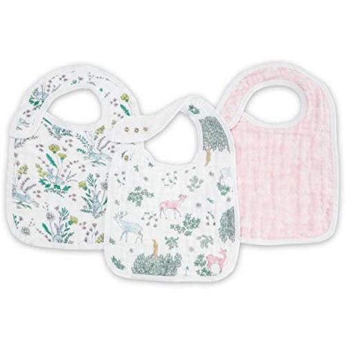 aden + anais Classic Snap Bib, 100% Cotton Muslin, Soft Absorbent 3 Layers, Adjustable, 9" X 13", 3 Pack, Forest Fantasy