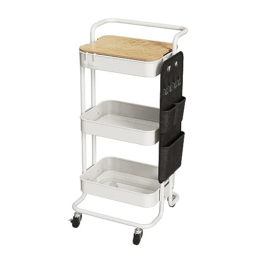 DTK 3 Tier Metal Utility Rolling Cart with Table Top and Side Bags, Metal Tray Storage Organizer Cart with Wheels, Art Craft Cart with 4 Hooks for Kitchen Bathroom Office Living Room (White)