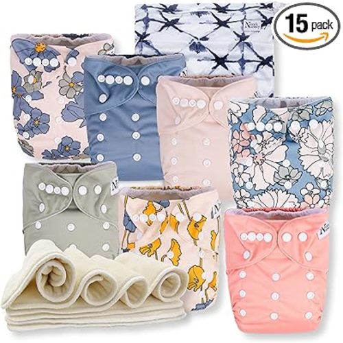 Nora's Nursery Cloth Diapers 7 Pack with 7 Inserts & 1 Wet Bag - Waterproof Cover, Washable, Reusable & One Size Adjustable Pocket Diapers for Newborns and Toddlers - Delilah