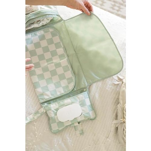 Portable Diaper Changing Pad, Foldable Waterproof Baby Change Pad for Newborn Girl & Boy with Smart Wipes Pocket (Sage Checkers)