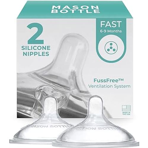 Mason Bottle Nipples (2-Pack) - Silicone Nipples, Fits Any Regular-Mouth Mason Jar - Fast Flow (6+ Months), Wide Natural-Shaped, BPA-Free, Non-Toxic Baby Bottle Nipples - Made in USA