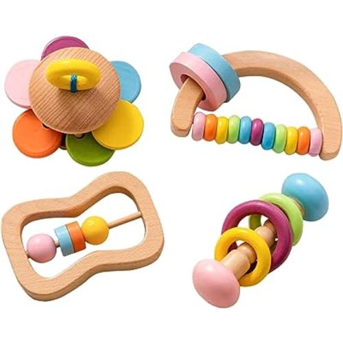 4 PCS Wooden Baby Rattle, Organic Colorful Baby Rattles Set, Wood Rattles for Babies 0-6-12 Months, Wooden Teether Crochet Rattle Toy for Infant Newborn,Montessori Toys for Babies 0-6 Months