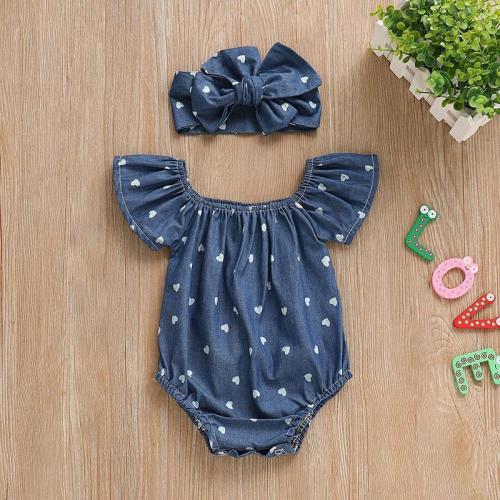 Blue Heart Romper Bow Headband Set