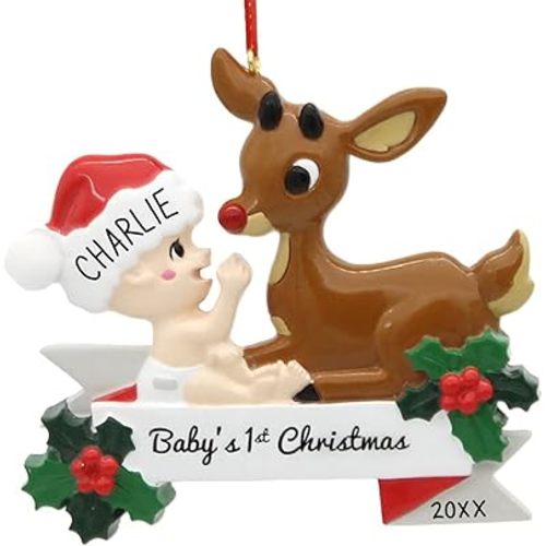 Personalized Baby's 1st Christmas Snowman Ornament (Baby and Reindeer)