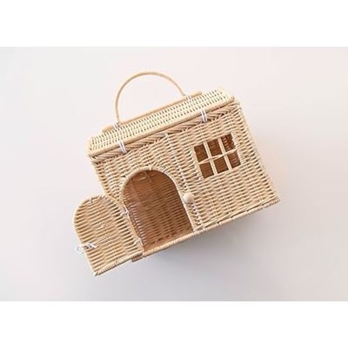 Rool Rattan House Shaped Basket Wicker Small Dollhouse Gift for Girls, Boho Toys, Mouse in a Box House, Little Girl Purse Clutch, Doll Carrier (Cream)