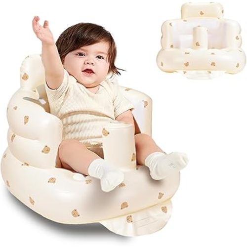 Inflatable Baby Seat for Babies 3 Months and Up, Infant Floor Seat with Built-in Air Pump for Learning to Sit and Camping Inflatable Infant Floor Seat (Yellow, Bear Head)
