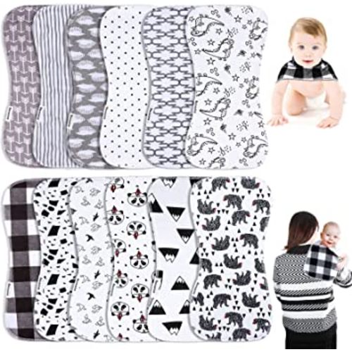 Baby Burp Cloths & Baby Bibs 2-in-1 Design Large Size 3 Layers Thicken 100% Cotton Super Absorbent and Soft Baby Spit Up Burping Rags Baby Burp Cloth Set for Boys and Girls 12 Pack