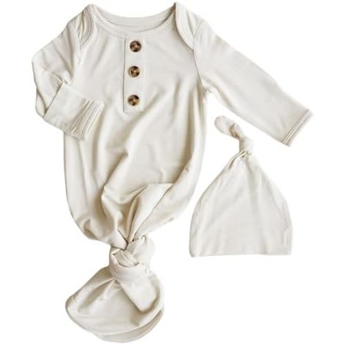 Caden Lane Newborn Knotted Gown with Hat, Soft Bamboo Viscose Baby Sleep Sack, Unisex Infant Nightgown, Breathable Sleepwear