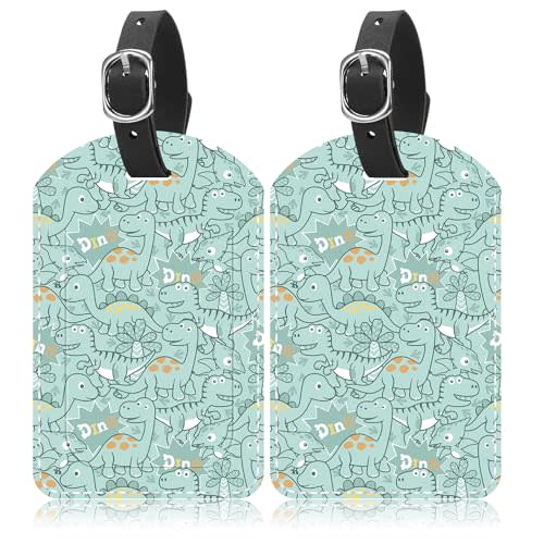 Pzmaonze Leather Luggage Tags for Suitcase, 2 Pack Cartoon Dinosaurs Suitcase Tags with Privacy Flap Address Card and Adjustable Leather Loop Suitcase Label for Adults Teens Travel