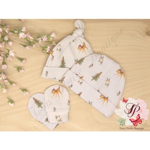 Little Deer Boho Baby Beanie Knot Hat & Mittens Set Newborn Coming Home Shower Gift Photos