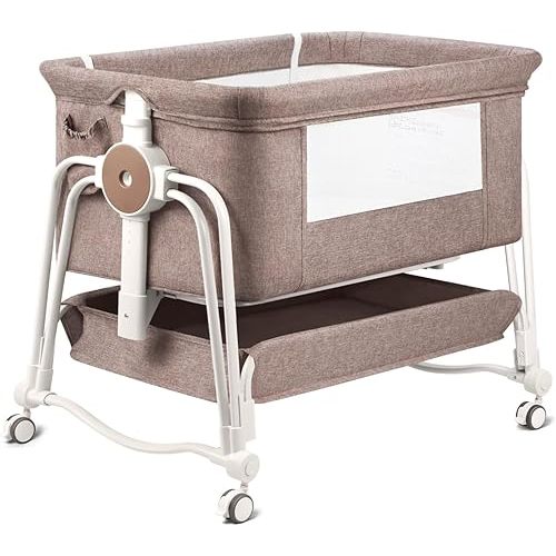 4 in 1 Baby Bassinet Bedside Sleeper, Rocking Baby Crib with Lockable Wheels, Storage, Mosquito Net and Matress Included, 7 Level Adjustable Bedside Bassinet for Baby Newborn(Khaki)