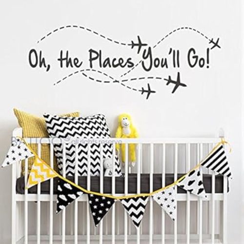 BATTOO Airplane Wall Decal - Oh The Places You'll go - Nursery Wall Decal Quote - Airplane - Pilot Wall Decal - Boy Wall Sticker Girl Decor(Black, 22" WX8.5 H)