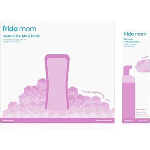 Frida Mom 2-in-1 Postpartum Absorbent Perineal Ice Maxi Pads + Perineal Medicated Witch Hazel Healing Foam for Postpartum Care, Relieves Pain and Reduces Swelling for Perineal Area