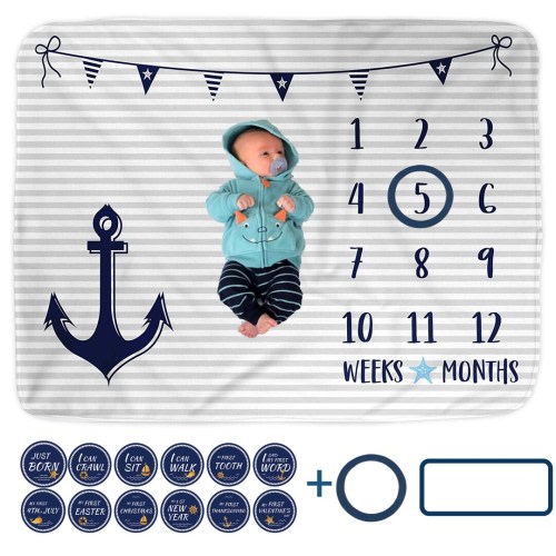 Nautical Baby Milestone Blanket, First Year Calendar Monthly Growth Tracker, Newborn Month Photo Mat, Anchor Baby Boy Shower Gift Bundle