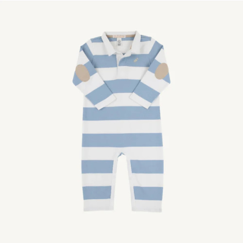 Sir Proper's Rugby Romper - Barrington Blue Stripe with Keeneland Khak