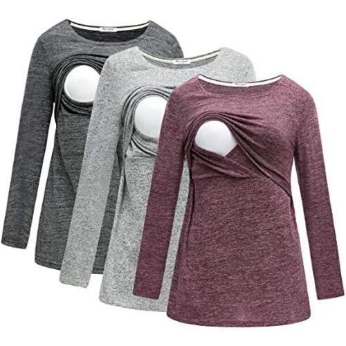 Bearsland Women's 3 Packs Maternity Clothes Long Sleeves Breastfeeding Shirts Nursing Top