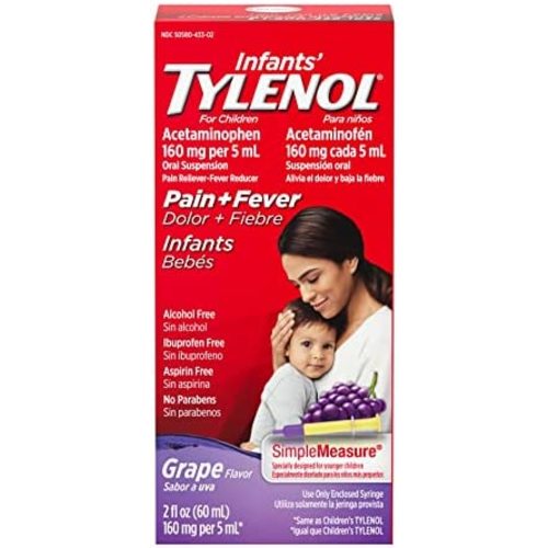 Tylenol Infants Oral Suspension Liquid Medicine with Acetaminophen, Baby Fever Reducer & Pain Reliever for Minor Aches & Pains, Sore Throat, Headache & Toothache, Grape Flavor, 2 fl. oz