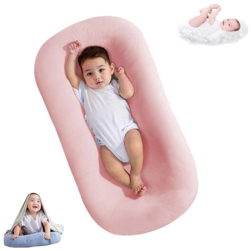 Lucakuins Baby Lounger, Bionic Design, Newborn to 24 Months, Soft Organic Cotton, Breathable, Pink, Portable, 19x4x4 inches