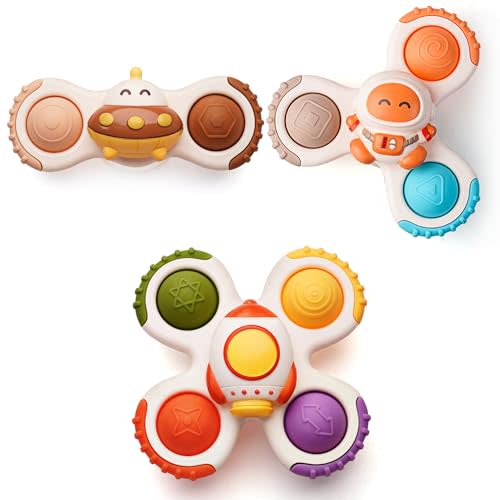 LiKee Strong Suction Cup Fidget Rotating Sensory Bath Toys for Baby 12 18 Months Airplane Car Travel Table & Window Toys for 1 2 Years Old Toddler Boys and Girls (Space-2)