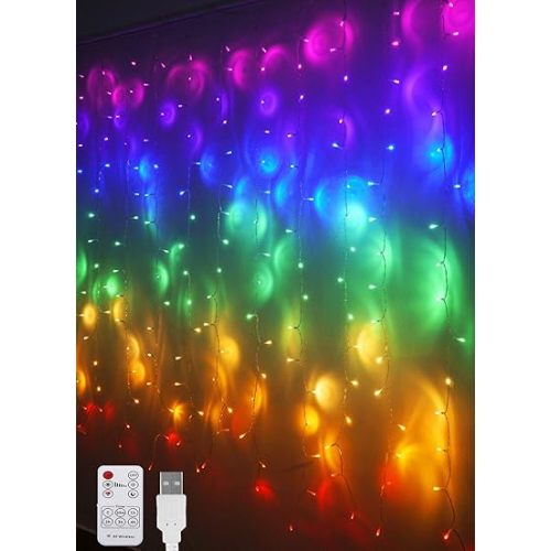 Rainbow Fairy String Curtain Lights with Remote, Twinkle LED Icicle Rainbow Lights Curtain for Girls Room, Bedroom, Teen Room, Kids Room, Unicorn Room, Party, Holiday Décor (Rainbow)