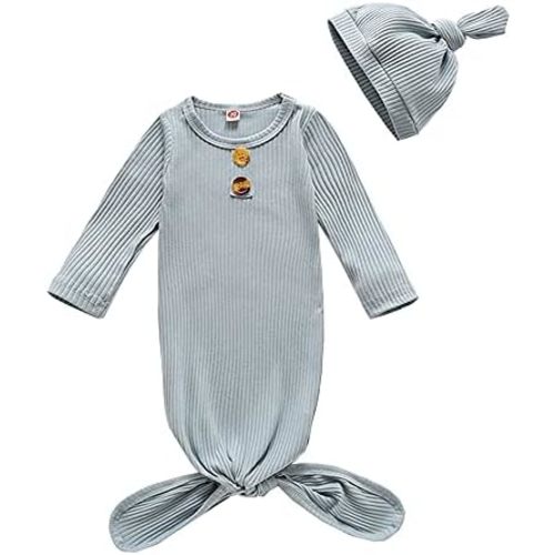 Unisex Baby Striped Cotton Sleeper Gowns with Cap Long Knotted Sleeping Bag