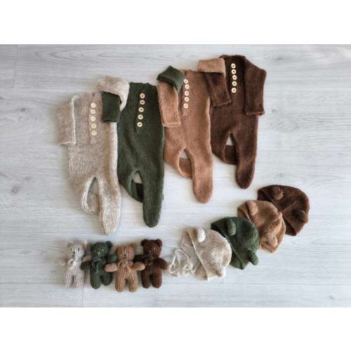 Newborn footed romper Baby photo prop bear outfit Knit romper Bear bonnet Stuffed teddy toy Knit newborn sleeper Baby pajamas 36 colours