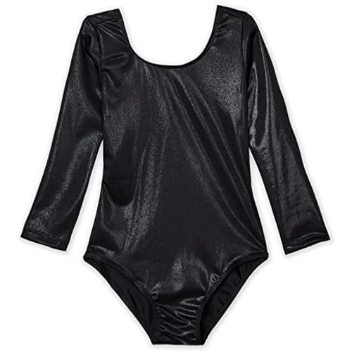 Domusgo Girls Gymnastics Leotards Long Sleeve Bodysuits Shiny Colorful One Piece Tumbling Outfits, Black Long Sleeve - size 3-4T