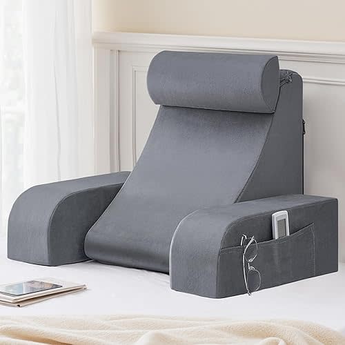 HARBOREST Reading Pillow with Removable Arms, Back Pillow for Bed Sitting Up, Filled with Whloe Piece Supportive Foam, Back Support for Sitting Up in Bed with Washable Cover, Medium 19", Dark Grey