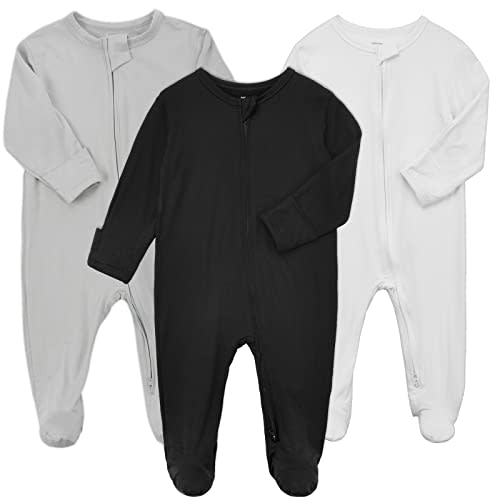 Aablexema Baby Zipper Pajamas Bamboo Rayon, 3pcs Unisex Infant Onesie with Mitten Long Sleeve Footed Pjs