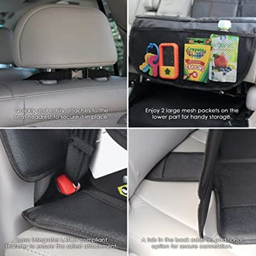 Lusso Gear Car Seat Protector with Thickest Padding - Featuring XL Size (Best Coverage Available), Durable, Waterproof 600D Fabric, PVC Leather Reinforced Corners, & 2 Large Pockets for Handy Storage - Black - For Child Car Seat