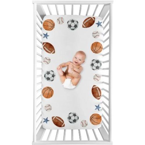 Sweet Jojo Designs Boy Photo Op Fitted Crib Sheet Watercolor Sports Theme Blue Brown and Orange