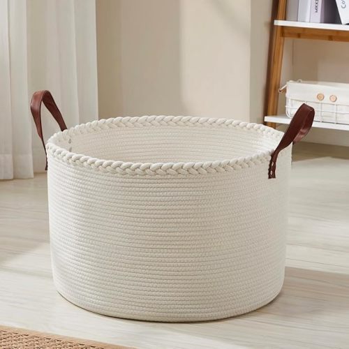XLarge Round Cotton Rope Storage Basket Bin Organizer Laundry Hamper with Leather Handles, 21 x 21 x 14, Extra Large Blanket Woven Basket for Nursery - Cream