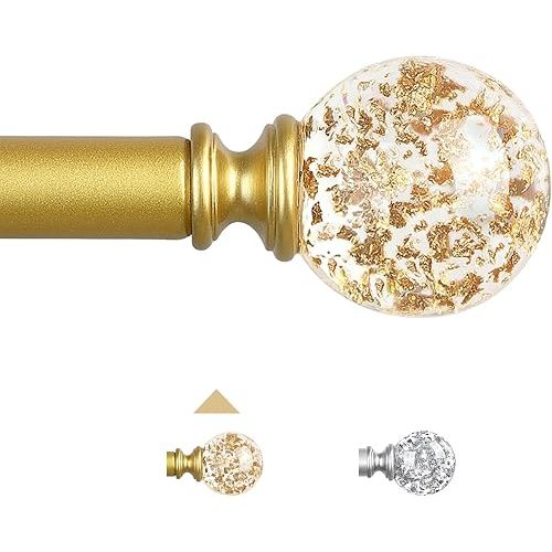 Gold Decorative Crystal Curtain Rods:18-45 Inch Heavy Duty Adjustable Window Curtains Rods for Bedroom Living Room,Brass Golden Modern Girly Acrylic Drapery Rods with Sheer Bling Foil Finials