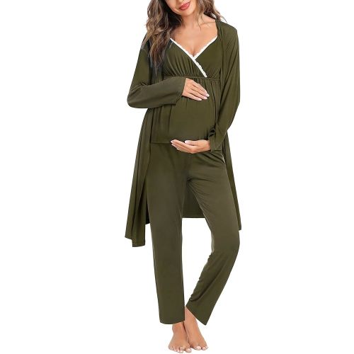 SWOMOG Conjunto de bata de lactancia materna, 3 piezas, pijama 3 en 1, parto sin mangas y pantalones largos, pijamas de embarazo