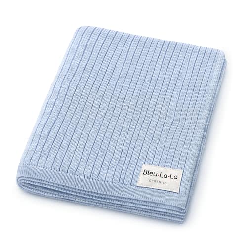 Organic Ribbed Swaddle Blanket for Boys & Girls - 100% Luxury Organic Soft Cotton Knit Warm Cozy Cuddle Stroller Crib Blanket for Newborns, Infants, & Toddlers (Sky Blue)