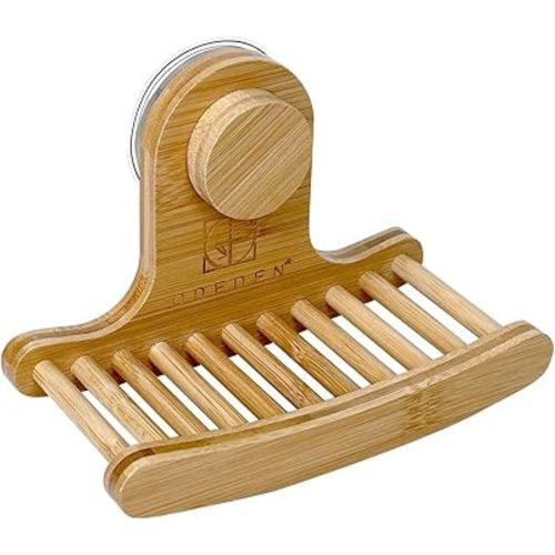 Suction Cup Soap Dish for Shower，Bamboo Soap Dish Holder for Shower, Suction Cup NO-Drilling, Self Draining for Bathroom，Natural Bamboo Color (Single-Layer soap Rack, Rectangular)