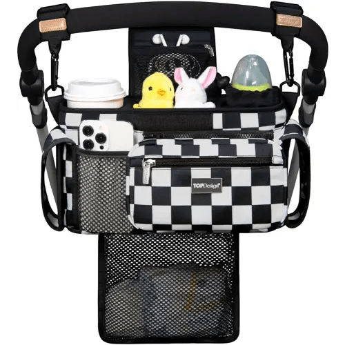 TOPDesign Universal Baby Stroller Organizer, Stroller Caddy with Detachable Mesh Bag & Heightened Insulated Cup Holders & Non-Slip Secure Hooks Accessories, Fits Most Strollers (Checkerboard)