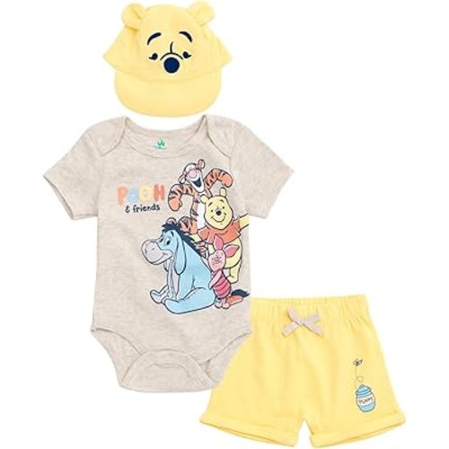 Disney Pixar Baby Bodysuit, Shorts and Baseball Cap 3 Piece Outfit Set Newborn to Infant Sizes (Newborn - 24 Months)