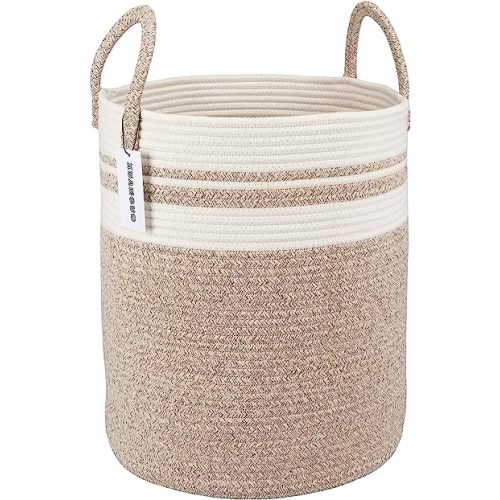 Cotton Rope Laundry Basket Hamper for Clothes Woven Storage Basket for Living Room Bedroom Boho Tall Rope Baskets for Blanket Toys Pillow Towels Baby Nursery Hamper Bin Large brown and white