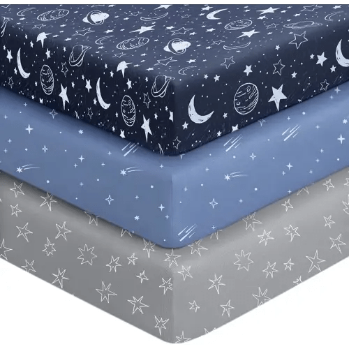 Baby Crib Sheets for Boys Girls, 28x52x8in Fitted Crib Sheet Neutral 3 Pack for Standard Crib and Toddler Mattress, Breathable Soft Microfiber Baby Sheet Blue Gray Planet