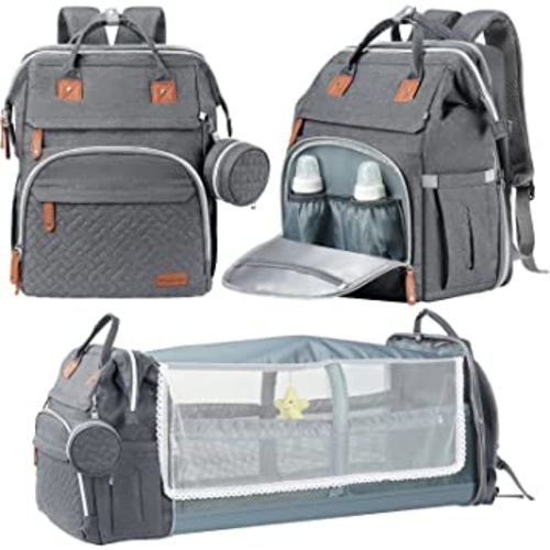 DERJUNSTAR Baby Diaper Bag Backpack, Diaper Changing Station, Baby Bags for Boys Girls, USB Charging Port,Pacifier Case, Sunshade and Toy Bar, Pale Grey
