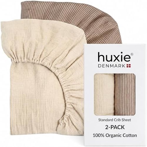 Huxie Crib Sheets – Organic Cotton Muslin Fitted Crib Sheet – Standard Size for Baby Boy and Baby Girl 52" x 28" Ultra-Soft and Breathable. 2-Pack(Fog/Stripe)