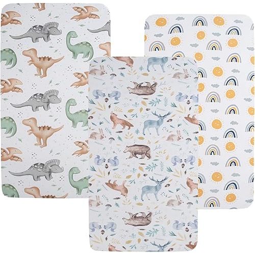 Pack n Play Sheet Stretchy Fitted Portable Mini Crib Sheets Set 3 Pack,Playard Sheets Convertible Playard Mattress Cover,Ultra Soft Jersey Material,Sun/Forest Deer/Dinosaur