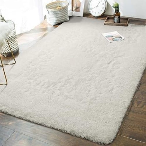 Andecor Soft Fluffy Bedroom Rugs - 153 x 244 cm Indoor Shaggy Plush Area Rug for Boys Girls Kids Baby College Dorm Living Room Home Decor Floor Carpet, Cream