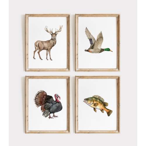 Set of 4 Hunting Nursery Prints, Mallard Duck, Fish Deer Turkey Wall Art, Hunting Dog Decor, Hunting Lover, Hunter, Adult Gift