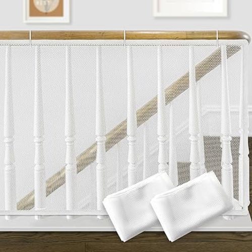 13ft Indoor Outdoor Baby Safety Stair Railing Net Baby Proofing Stair Balcony Banister Rail Guard Child Safety Stair Protection Safe Rail, White(6.5ft x 2Pack)