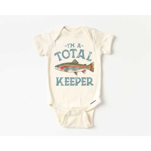 Retro Rainbow Trout I'm A Total Keeper Onesie® - Cute Flyfishing Outdoors Nature Pregnancy Reveal Bodysuit - Boho Fishing Natural Onesie®